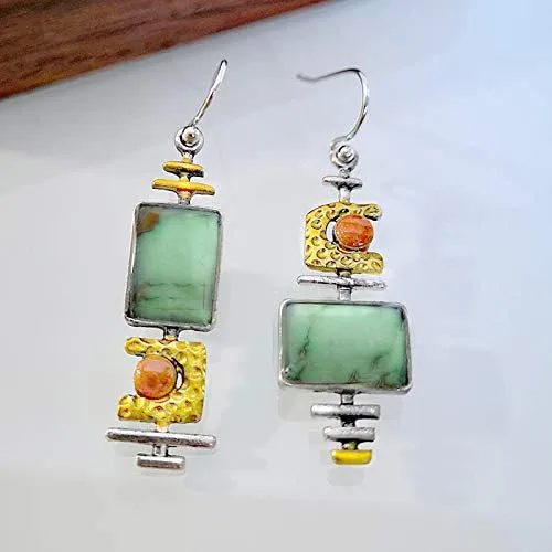Vista 3 de Pendientes de turquesa geométricos y bohemios hechos a mano, ligeros, lágrima, Tauren, largos aretes colgantes de gota para mujeres y niñas