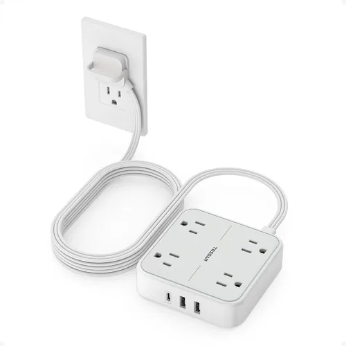 Vista 23 de TESSAN Cable de extensión plano protector de sobretensiones de 1 pie, regleta de enchufe con anillo con 4 tomas, 3 puertos USB (1 USB C), protección