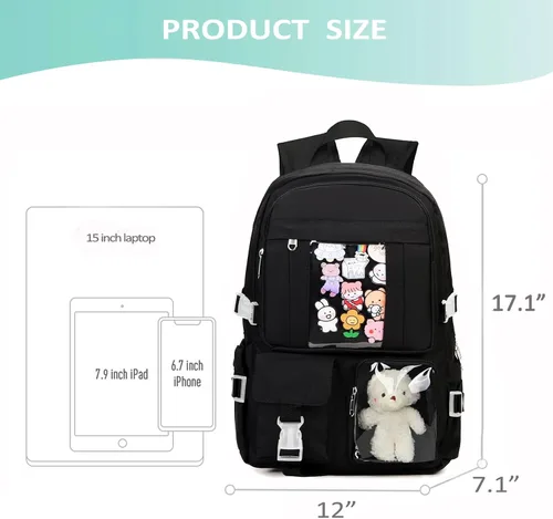 Vista 3 de Mochila Kawaii para niñas adolescentes, bonita mochila estética para escuela secundaria y universidad con accesorios, Negro oscuro, Mediana