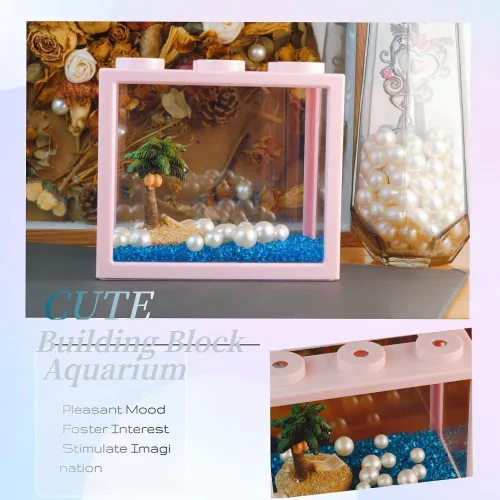 Vista 5 de Pequeño tanque de peces Betta, kit apilable de mini tanque de acuario con decoración de perlas de grava de acuario, pecera de 3/5 galones, tanque