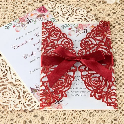 Vista 7 de AdasBridal 50 tarjetas de invitaciones de boda burdeos con sobres de 5 x 7 pulgadas, en blanco, 250 GSM, insertos de papel de pera con purpurina