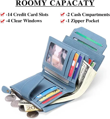 Vista 2 de FALAN MULE - Cartera de cuero auténtico para mujer, pequeña plegable , compacta, con interferencia de radiofrecuencia (RFID)