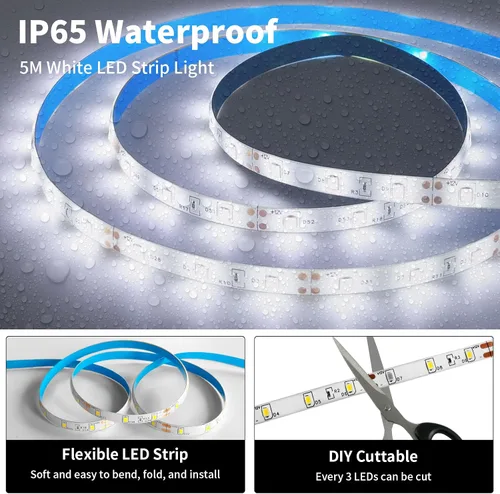 Vista 3 de Resistente al agua IP65, tira de luz LED flexible impermeable de 12 V, tiras de luz LED cortables de 16.4 pies, 300 unidades de cadena de Blanco