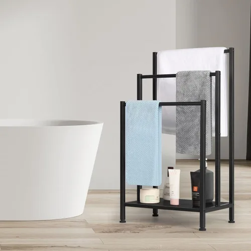 Vista 4 de Toallero independiente, toallero de metal de 3 niveles, soporte para manta para dormitorio, soporte de toalla de baño negro, soporte para toallas