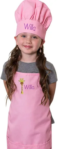Vista 3 de Conjunto de delantal y sombrero personalizado para niños de zoológico, añade tu propio nombre para niños, cocina, horneado