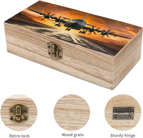 Vista 4 de Caja de almacenamiento de madera, joyero de madera vintage con tapa con bisagras, aterrizaje de avión militar en pistas de la fuerza aérea contra