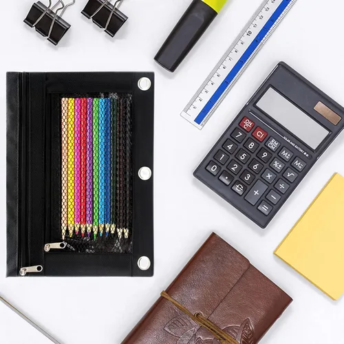 Vista 3 de Estuche para lápices de 3 anillos con cremallera, estuche de lona con 2 compartimentos (juego de 2, negro)