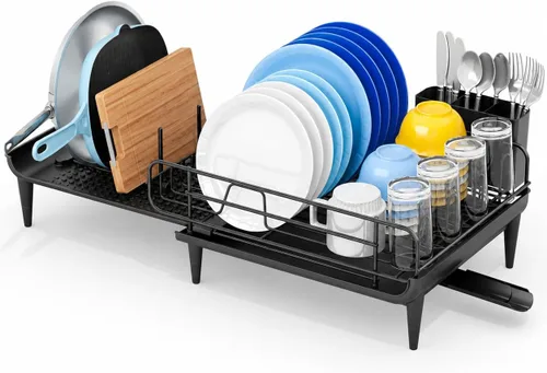 Vista 9 de TOOLF Escurridor de platos grande, escurridor de platos expandible para encimera de cocina, escurridor de platos multifuncional, elementos Negro