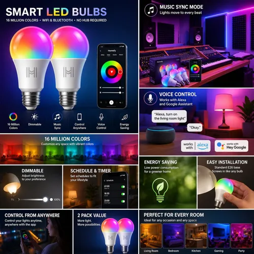 Vista 2 de Paquete de 2 bombillas inteligentes, LED A19 que cambian de color (800 lúmenes), WiFi y Bluetooth, sincronización de música, compatible con Alexa