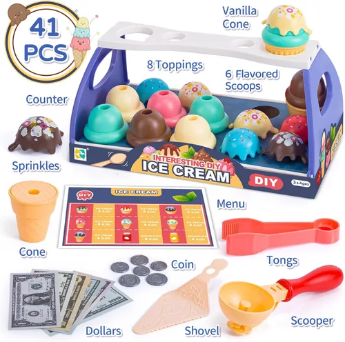 Vista 2 de Juego de juguetes de helado para niños, 41 piezas de carrito de helados para niños, camión de tienda de helados, cumpleaños, Navidad, Pascua