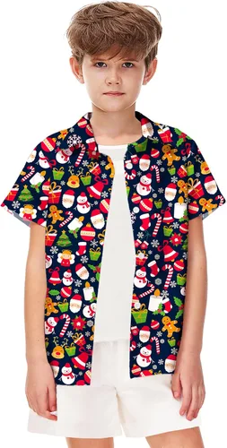 Vista 2 de Remimi Camisa unisex de Halloween para niños, camisetas hawaianas de manga corta con botones feos de 5 a 14 años Christmas Gift