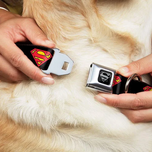 Vista 8 de Buckle-Down Collar de perro con hebilla de cinturón de seguridad, Superman Shield negro, 1 pulgada de ancho, se adapta a cuello de 9 a 15 pulgadas