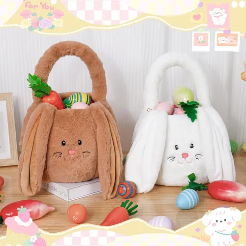 Vista 6 de OurHonor Cesta de Pascua de felpa, cesta de Pascua de conejo para niños, cubos de felpa con bolsas largas para las orejas para niños y niñas, bolsas
