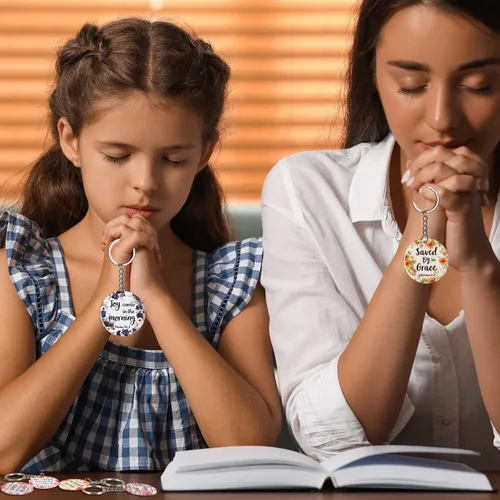 Vista 5 de Janmercy 120 llaveros cristianos de acrílico con versículo bíblico floral, regalos religiosos, joyería para mujeres, hombres, niñas, niños