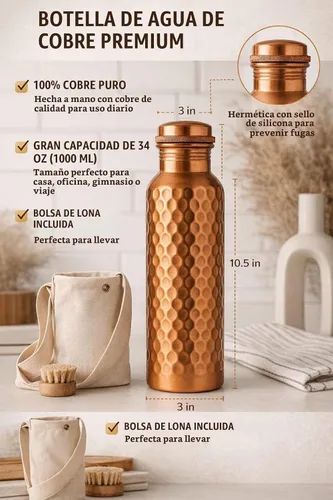 Vista 5 de SYTH Botella de agua de cobre 100% puro con bolsa de lona de transporte, probada en laboratorio, 34 onzas, a prueba de fugas, recipiente de cobre