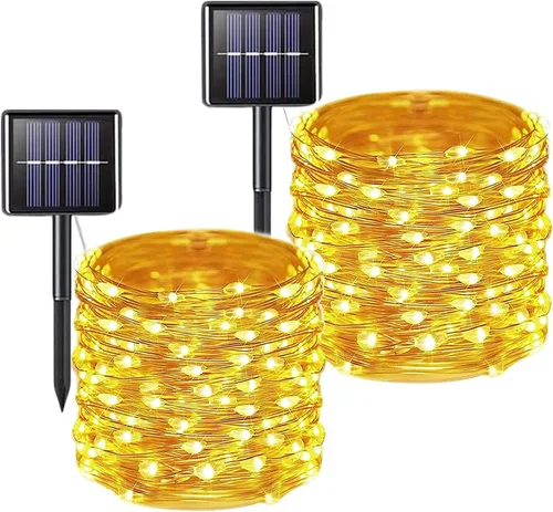Vista 6 de Paquete de 2 cadenas de luces LED de 200 unidades, 66 pies, con cable de cobre, alimentadas por energía solar, impermeables, 8 modos, luces de hadas