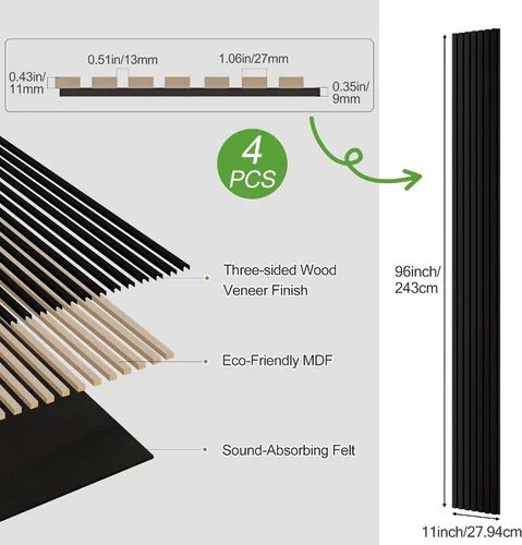 Vista 13 de Paquete de 2 paneles de madera para pared, paneles acústicos de listones de madera de 48 x 24 pulgadas, paneles acústicos para decoración de paredes