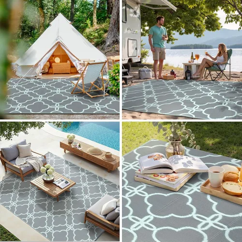 Vista 2 de Ashler - Alfombra de paja de plástico para exteriores, 5 x 8, reversible, color azul pálido, diseño moderno con flores para caravana, patio trasero