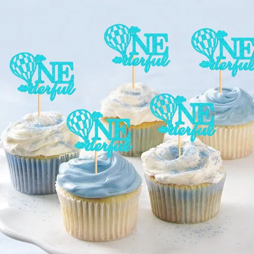Vista 7 de Ercadio Paquete de 24 globos de aire caliente, decoración de cupcakes, globos con purpurina azul, para decoración de globos de aire caliente