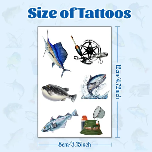 Vista 3 de 20 hojas (120 piezas) de tatuajes temporales de peces desaparecidos de pesca, recuerdo de fiesta para fiesta de cumpleaños, decoración de fiesta