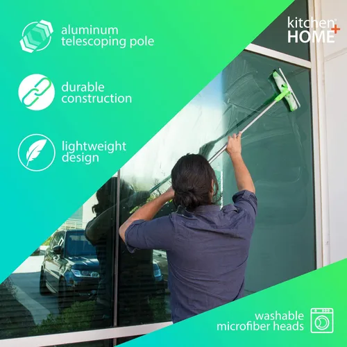 Vista 2 de Limpiacristales profesional 3 en 1. 2 Paños de microfibra con palo con extensible. Para vidrios y auto.