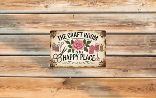 Vista 6 de Letrero de hojalata de metal rústico "The Craft Room Is My Happy Place" 8x12 pulgadas, decoración artística para el hogar y la oficina, arte