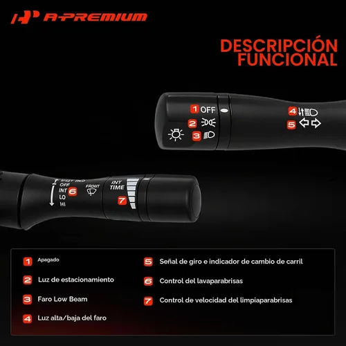 Vista 3 de Interruptor de señal de giro A-Premium, atenuador de faros, luz de estacionamiento, conjunto de palanca del interruptor de limpiaparabrisas