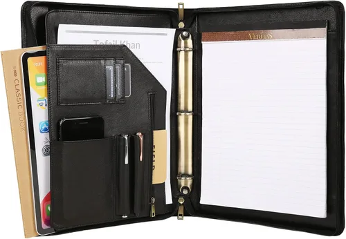 Vista 13 de Carpeta y organizador de cuero genuino, carpeta de cuero vintage de 3 anillos, padfolio personalizado para hombres de negocios, blocs legales