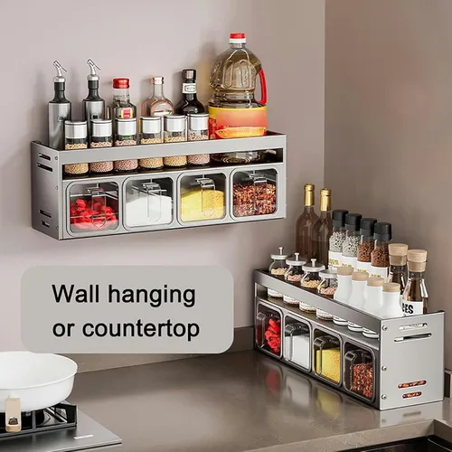 Vista 3 de Organizador de especias con 3 cajas – Estante fuerte montado en la pared/encimera para armario interior – Almacenamiento de hierbas de cocina