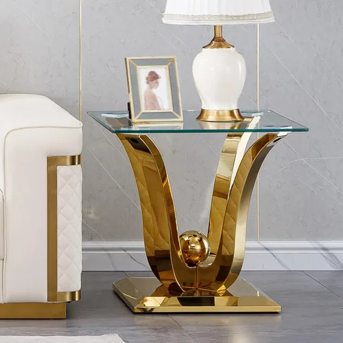 Vista 19 de SSLine Mesa de centro moderna de 1 pieza para sala de estar, mesa de centro de vidrio templado de lujo con base de acero inoxidable en forma de flor