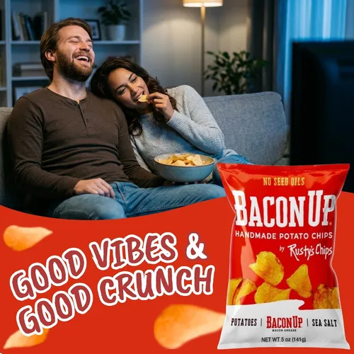 Vista 7 de Bacon Up by Rusty's Chips - Papas fritas de tocino hechas a mano, sin aceites de semillas, sin gluten, sin conservantes, sin OMG, 5 onzas