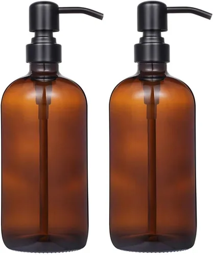 Vista 7 de Paquete de 2 botellas redondas Boston de vidrio ámbar de 16 onzas con tapas de policarbonato herméticas negras, recipientes de vidrio reutilizables