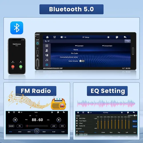 Vista 10 de [Fuluku] Estéreo de coche de 6,9 pulgadas de un solo DIN con Carplay inalámbrico Android Auto Wireless Carplay Android Auto,1 Din Car Radio BT