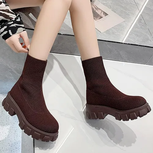 Vista 3 de Botas al tobillo con suela de lengüeta para mujer, tacón bajo, botas Chelsea elásticas, botines cortos