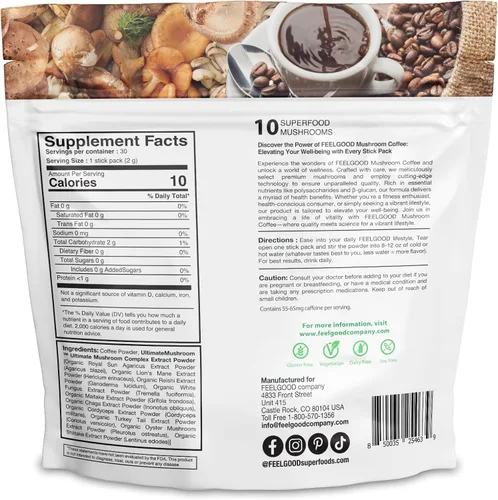 Vista 3 de Feelgood Company - Café de hongos con 10 hongos orgánicos y café arábica, 30 paquetes de barritas, cero azúcar añadido, apoya la salud inmunológica