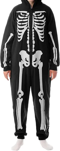 Vista 4 de Conjunto de Halloween familiar a juego de una pieza para cosplay, disfraz acogedor estampado de esqueleto con cremallera y capucha