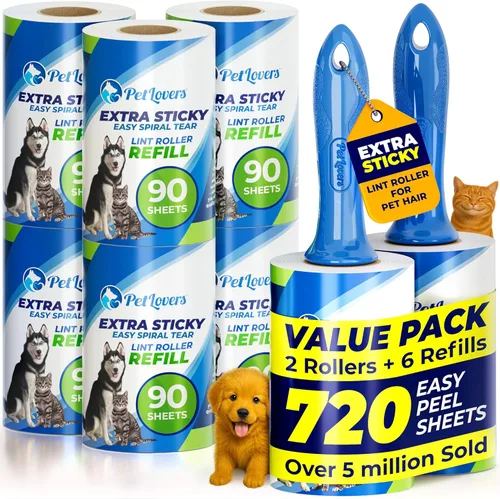 Vista 15 de PetLovers Rodillo de pelusa extra pegajoso, unidad individual, 90 hojas para eliminación de pelo de mascotas, removedor de pelusa de perros y gatos