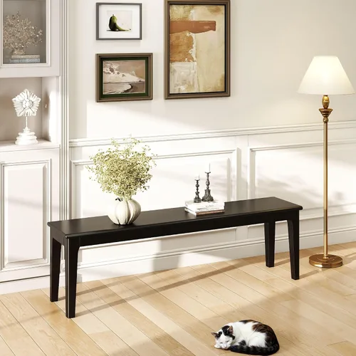 Vista 22 de Banco de comedor de 39.4 pulgadas de madera de roble macizo, banco de entrada para sala de estar, dormitorio, cocina (negro)