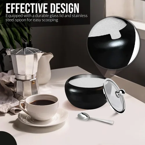 Vista 5 de Azucarero con tapa y cuchara Recipiente de azúcar de 12oz para barra de café Frasco portasal, té, caramelos, azúcar en cubo, azúcar moreno, ghee