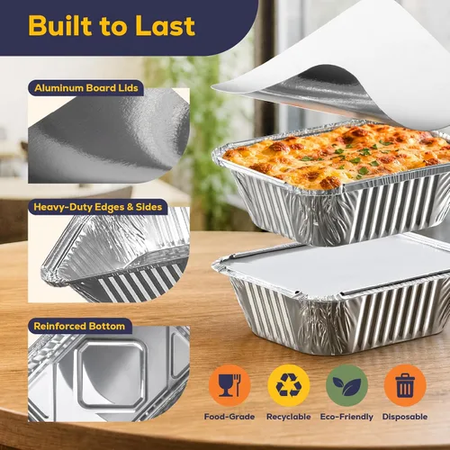 Vista 3 de Fit Meal Prep Paquete de 150 sartenes pequeñas de papel de aluminio de 1 libra con tapas, recipientes desechables para alimentos con tapas