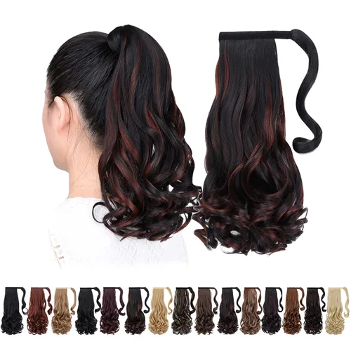 Vista 16 de Extensiones de cola de caballo negras, colas de caballo rizadas con clip, 22 pulgadas, 3.5 onzas, extensión de cabello sintético envolvente del pelo
