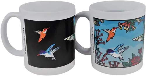 Vista 2 de Taza mágica de colibríes, taza que cambia de color, taza de café, regalo de pájaros, trochilidae, tamaño de 11 onzas