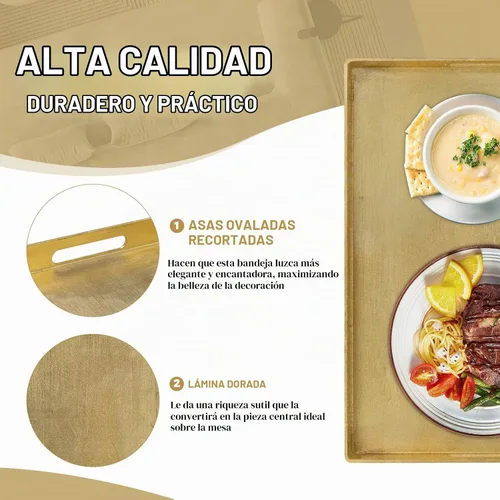 Vista 3 de MAONAME Bandeja Decorativa Dorada con Asas, Bandeja de Servir de Papel Aluminio para Otomana, Bandejas de Café Rectangulares para Sala de Estar