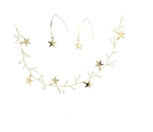 Vista 5 de Juego de aretes con diadema de perlas y lentejuelas, accesorios dorados para el cabello, borla y estrella, joyería para ella, regalo para mujeres