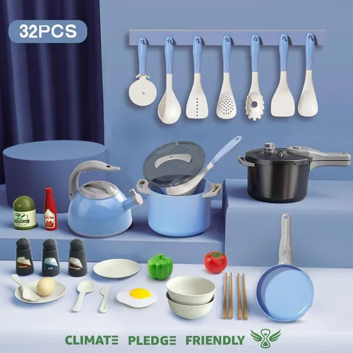 Vista 2 de Bruvoalon Juego de 32 juguetes de cocina para niños, accesorios de cocina con ollas, sartenes, utensilios de cocina, alimentos, verduras enlatadas