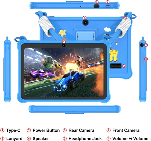 Vista 7 de PRITOM Tablet infantil de 7 pulgadas con cordón, tableta Android 13 de 32 GB con WiFi, cámara dual, educación, juegos, software para niños Azul