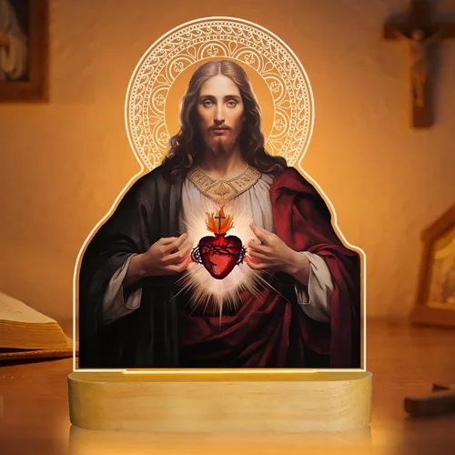 Vista 10 de Anywin Tres corazones sagrados, regalos católicos para mujeres/hombres, corazones de Jesús, luz nocturna, regalos de fe para Navidad, devocional