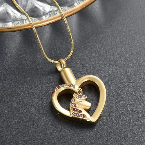 Vista 4 de Joyería de cremación con colgante de corazón de unicornio, urna de cremación, joyería, cenizas, recuerdo de acero inoxidable, colgante de cristal