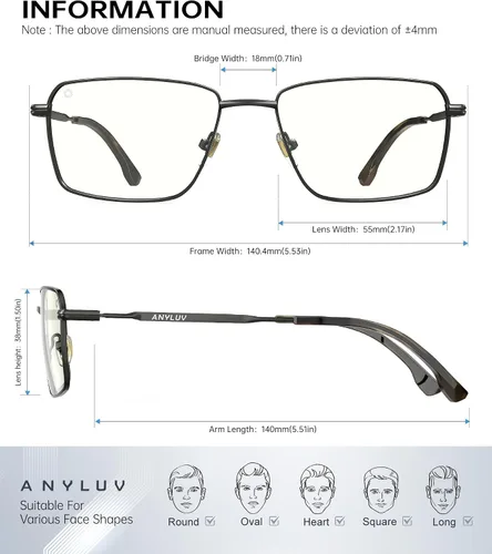 Vista 4 de ANYLUV Rectangle Blue Light Glasses, Classic Business Style Computer Glasses, Lightweight Metal Eyeglasses for Anti Eyestrain