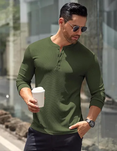 Vista 29 de COOFANDY Camisas Henley de manga larga para hombre, camisetas elásticas acanaladas, camisetas básicas casuales de moda